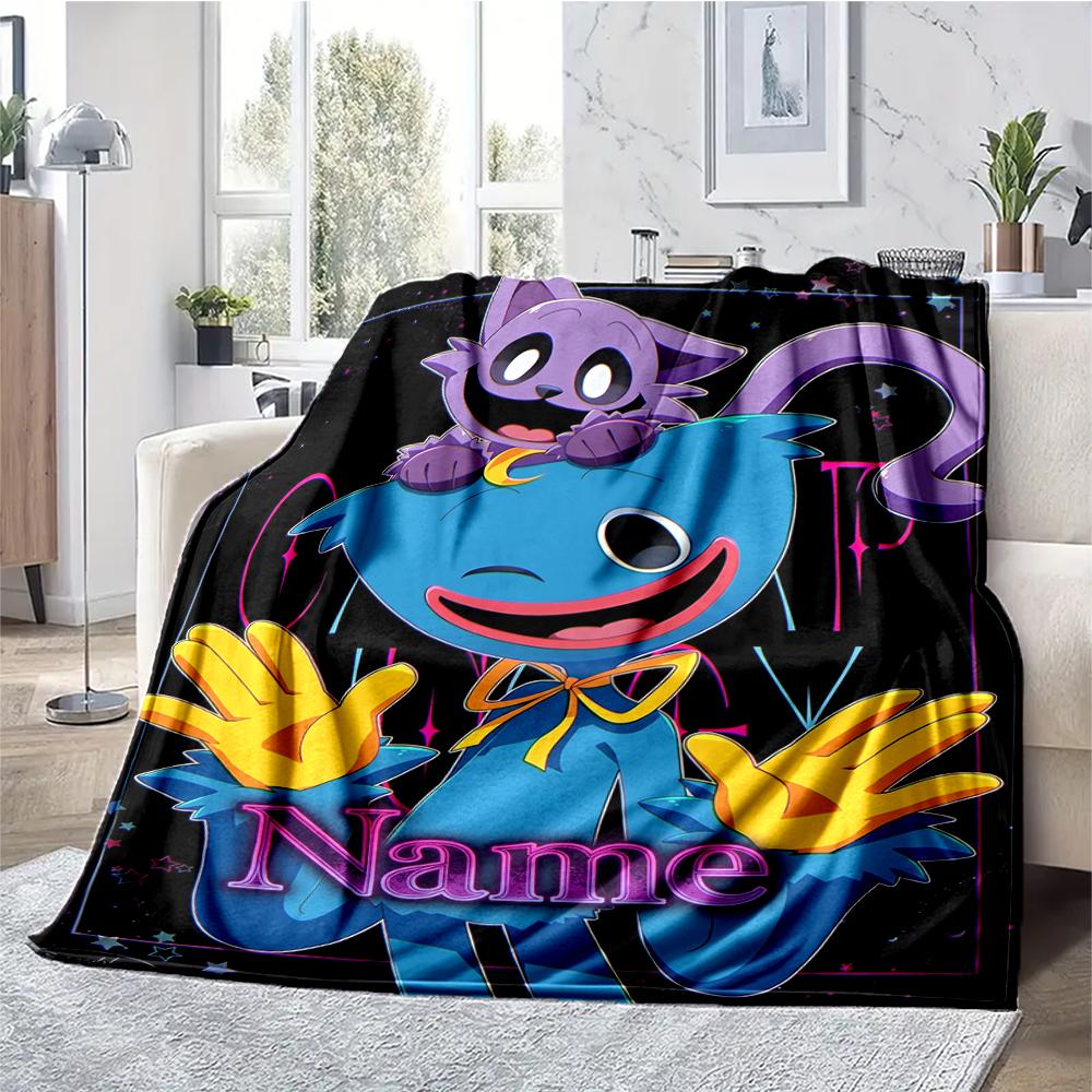 Custom Name Huggy Wuggy Theme Printed Blanket - Perfect for Couch, Bed, Travel & Outdoor Use | Machine Washable, Cozy & Durable.