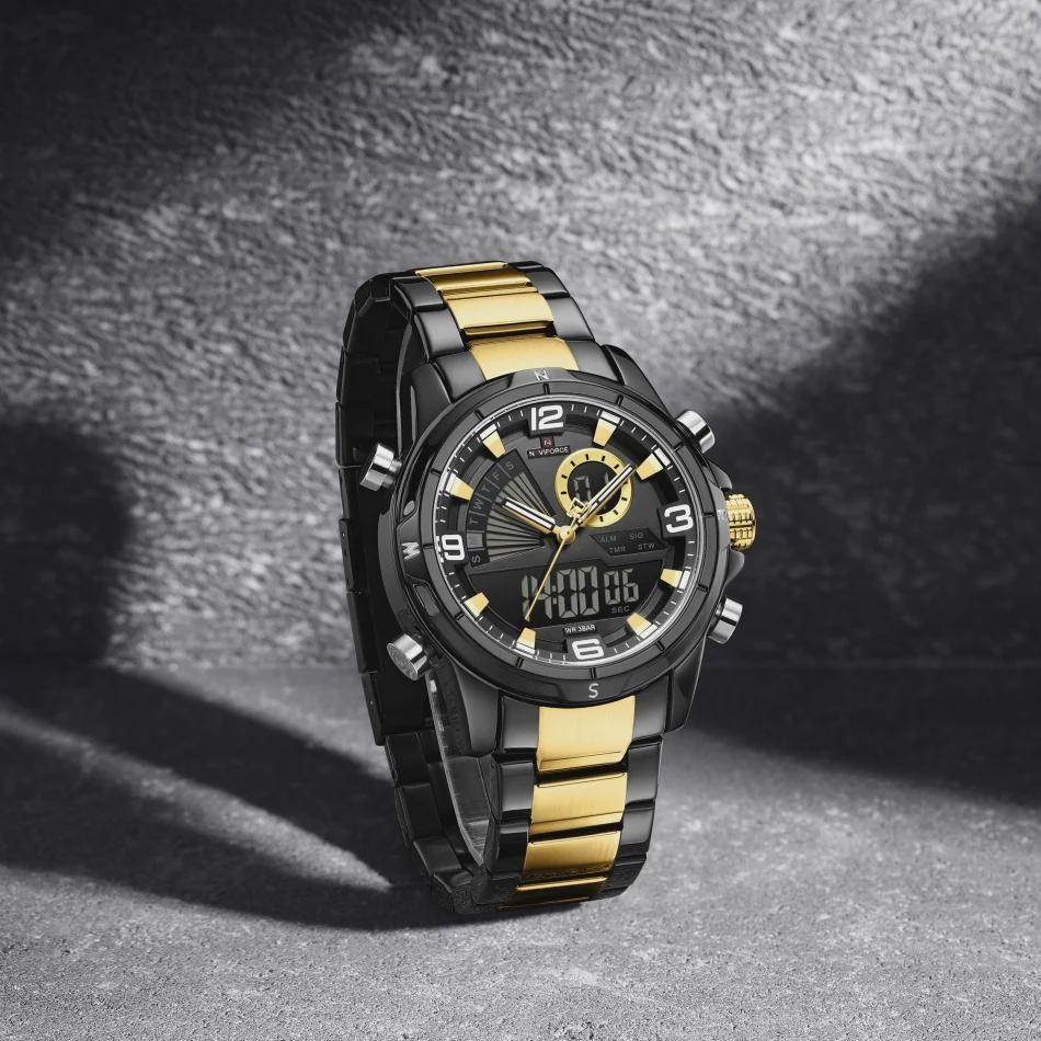 Mens Multifunctional Double-Display Watches Date Stainless Steel Watchband LED Luminous Mode Waterproof Wrist Watch