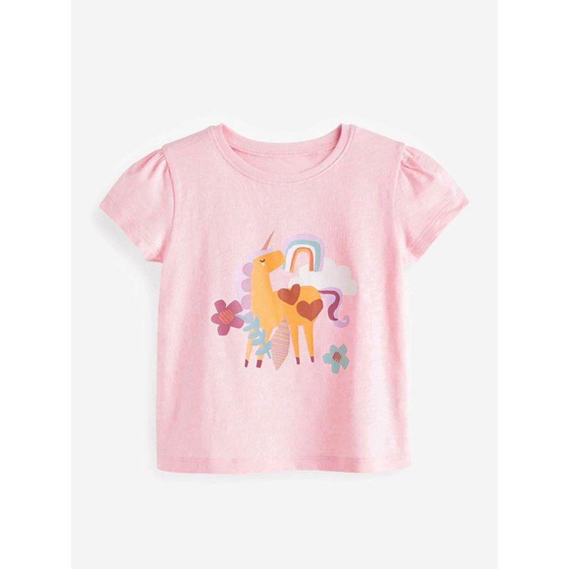 2025 New Summer Clothing for Girls, Pink Pure Cotton Half-Sleeve T-Shirt Top, Children's Short-Sleeve Base Layer, Baby Unicorn 6