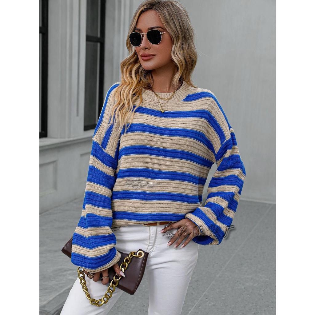 Women's Crew Neck Long Sleeve Sweater Loose Fit Casual Horizontal Stripe Acrylic Knit Pullover