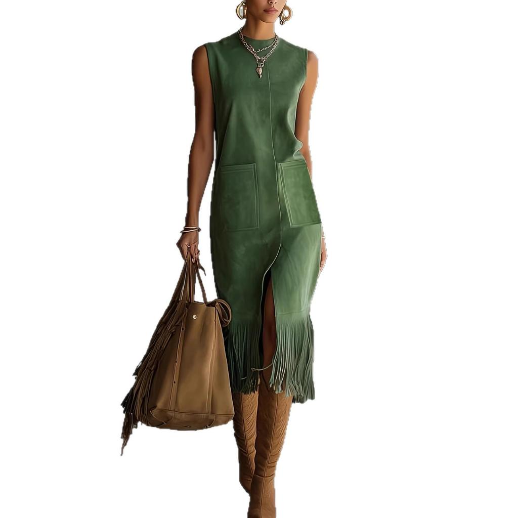 European & American Style Sleeveless Suede Plush Tassel Dress for Women - Autumn/Winter Fashion Slim Fit Long Dress (2026 Model)