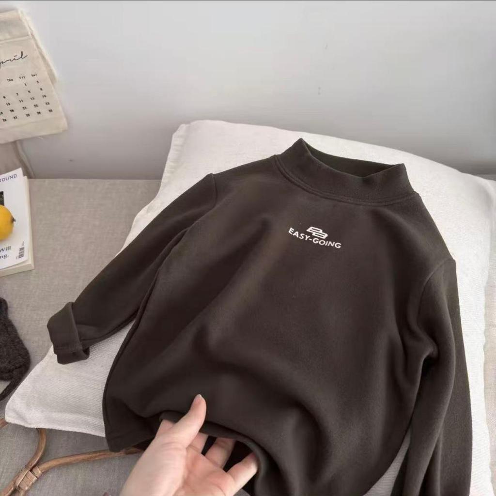 Unisex Kids Plush High-Neck Long-Sleeve T-shirt, Double-Sided, Autumn/Winter Hot Seller, Medium/Large Children's Base Layer Top