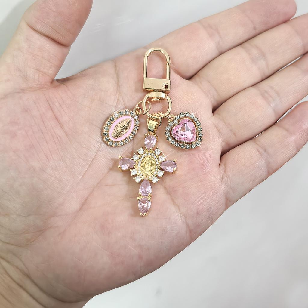 Luxury Metal Cross Keychain Zircon Heart Bag Pendant Gift Accessories Couple Family Keychain Pendant