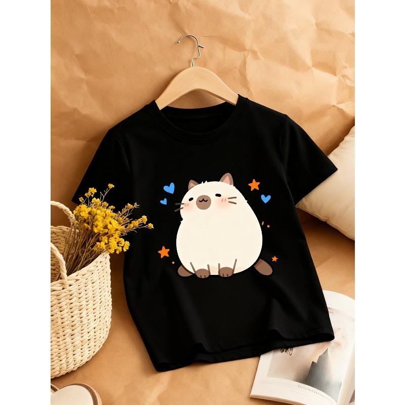 European sizes Cat Soft Cute Print Girls  Round Neck T-Shirt, Casual and Comfortable Style, Perfect Choice for Cat Lovers 98cm чёрный