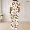 Women Plus Size White Printed Two Piece Set Round Neck Short Sleeve Top Drawstring Cuffed Pants With Pockets
