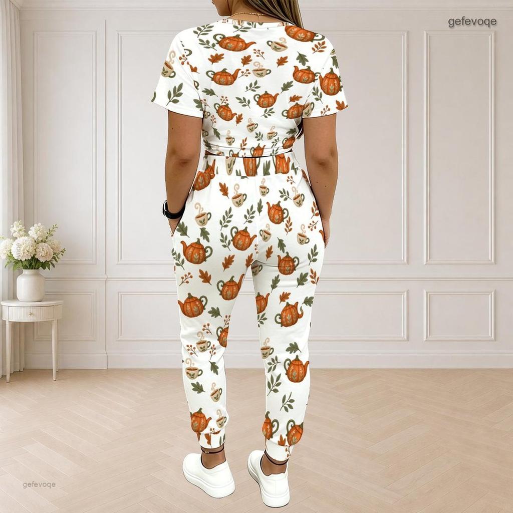 Women Plus Size White Printed Two Piece Set Round Neck Short Sleeve Top Drawstring Cuffed Pants With Pockets