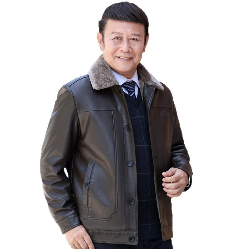 Men's 50+ Velvet-Lined Leather Jacket for Winter, Suitable for Middle-Aged & Elderly