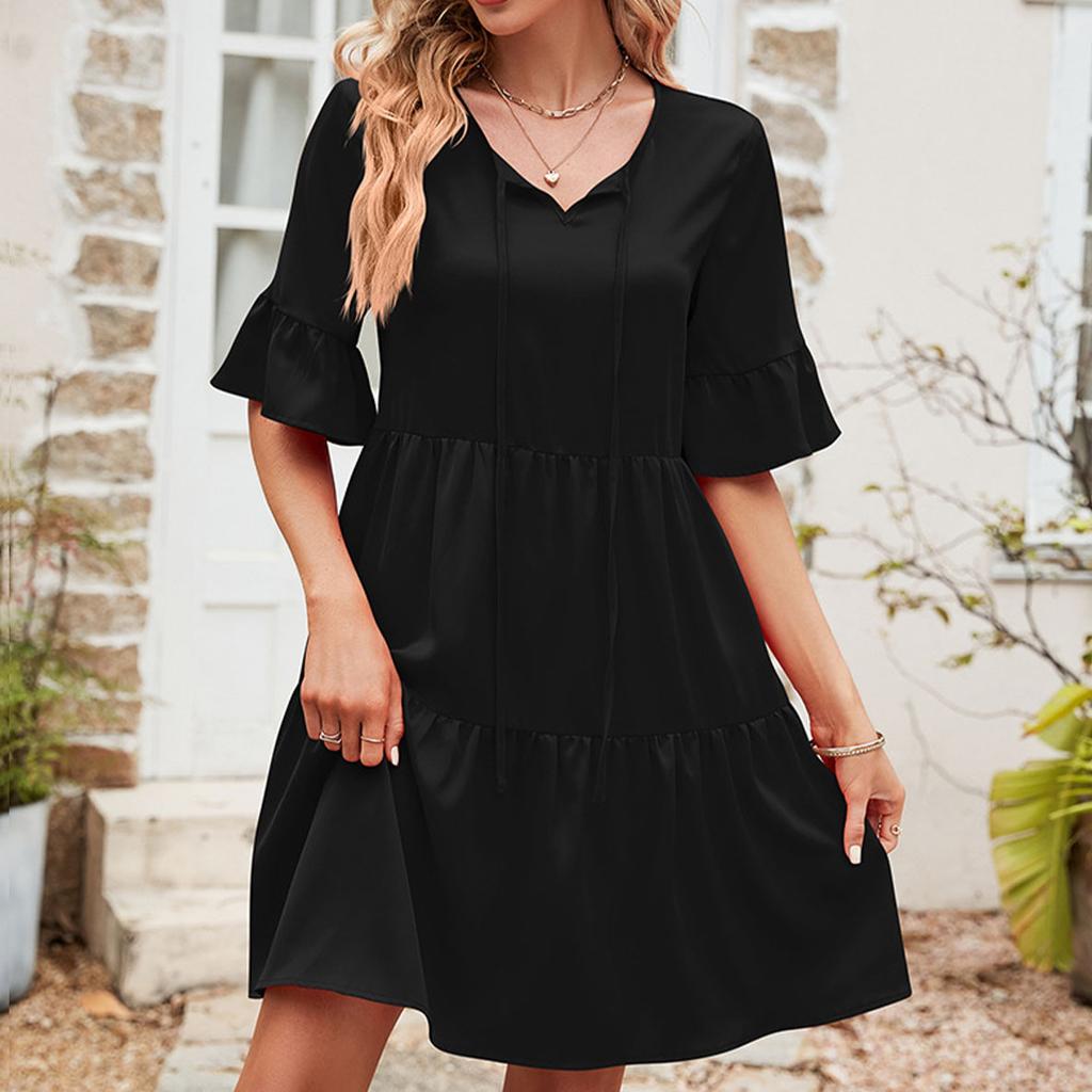 HNXC Damenmode Sommer Frühling Einfarbiger Druck Kurzarm V-Ausschnitt Hohe Taille Freizeitkleider