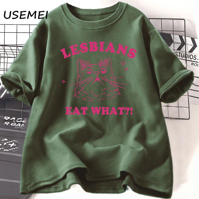 LGBT Lesbians Eat What Cat T Shirts Funny Gay Pride T-Shirts LGBTQ 90s Cat Lover Graphic T Shirts Aesthetic Women's Clothing Top