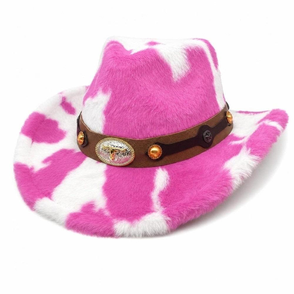 Metal Badge Faux Fur Hat Windproof Cowgirl Hat Vintage Western Cowboy Hat  Winter Wear