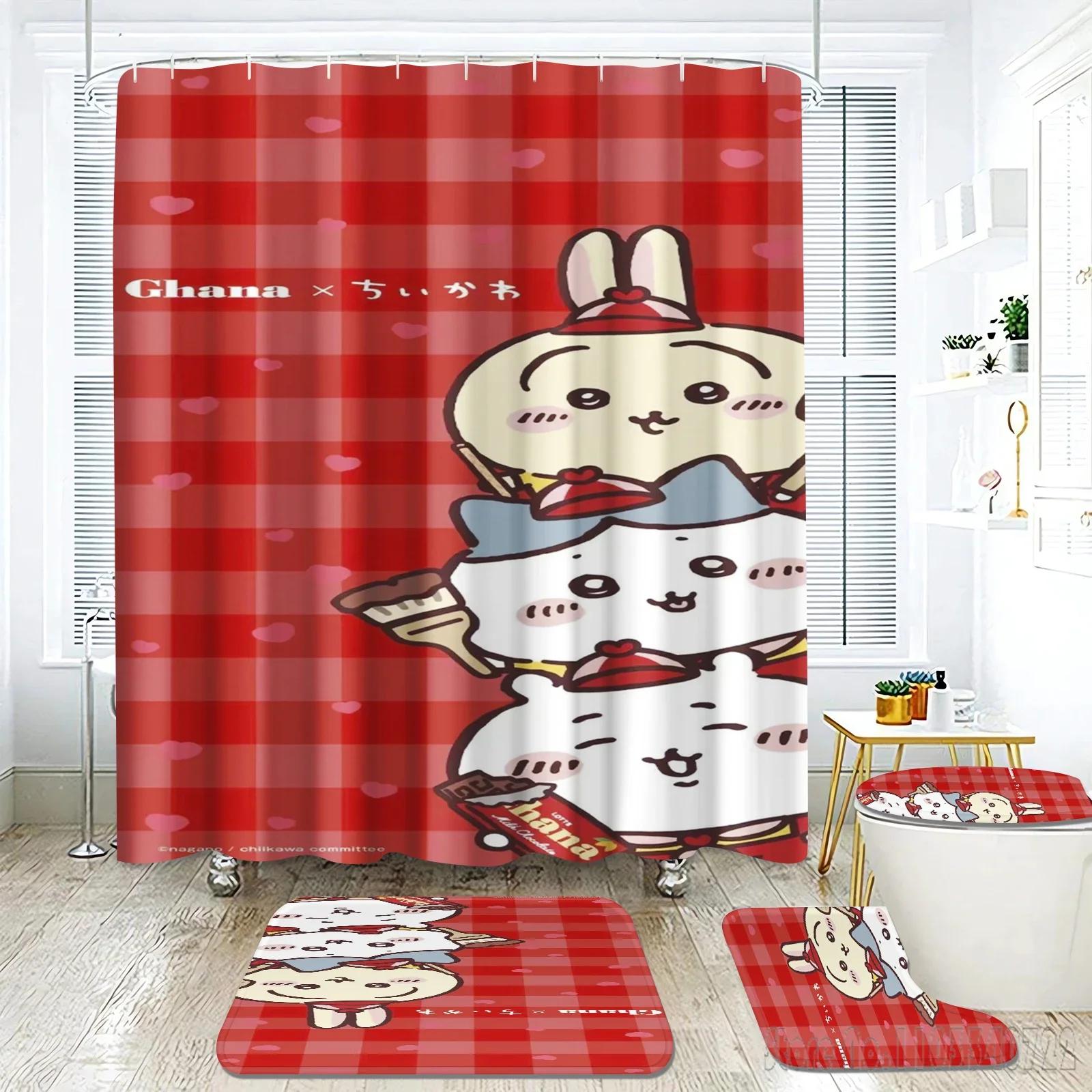 

Anime Chiikawa Various Sizes Kawaii Bath Shower Curtain Set 4pcs with Hooks Cartoon Decor Bathroom Toilet Mat Lid 90x180cm 4pcs