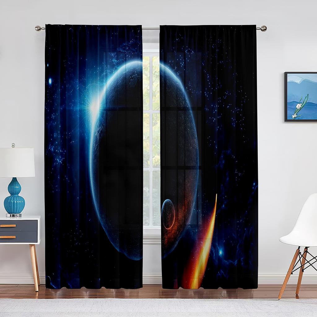 Galaxy Tulle Curtains Blue Red Planets Orbital Ring Stars Outer Space Sheer Voile Curtain for Living Room Bedroom Kitchen Decor