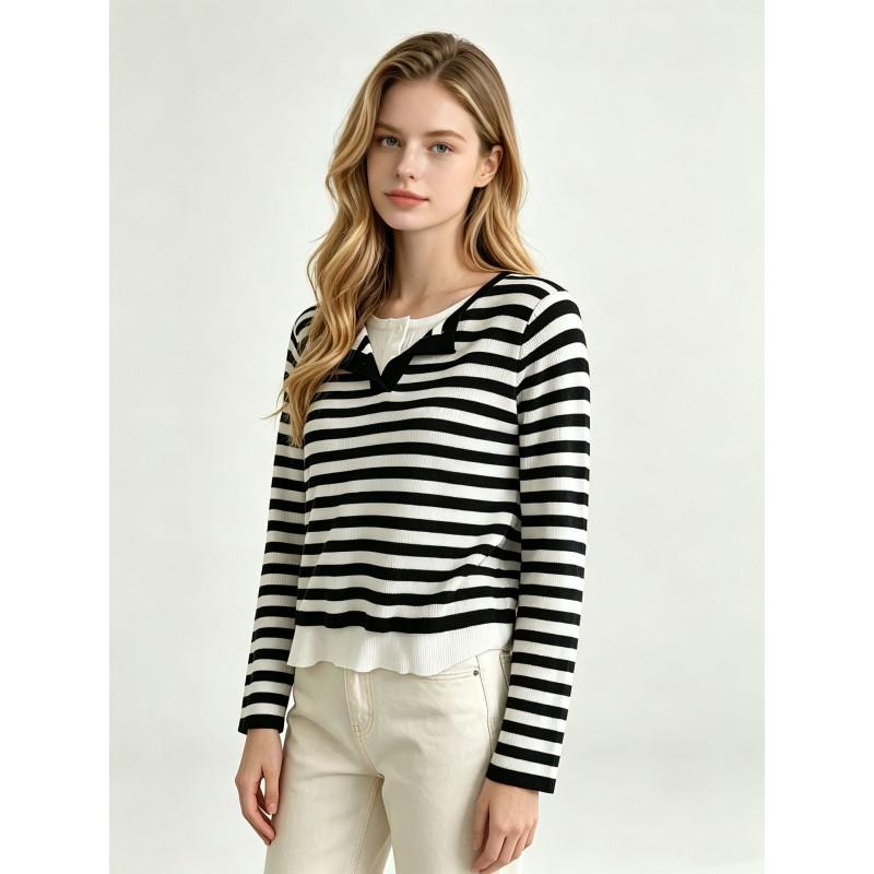 Womens Striped Knit Top Long Sleeve Slim Fit Pullover Tee With Mock Layer Design