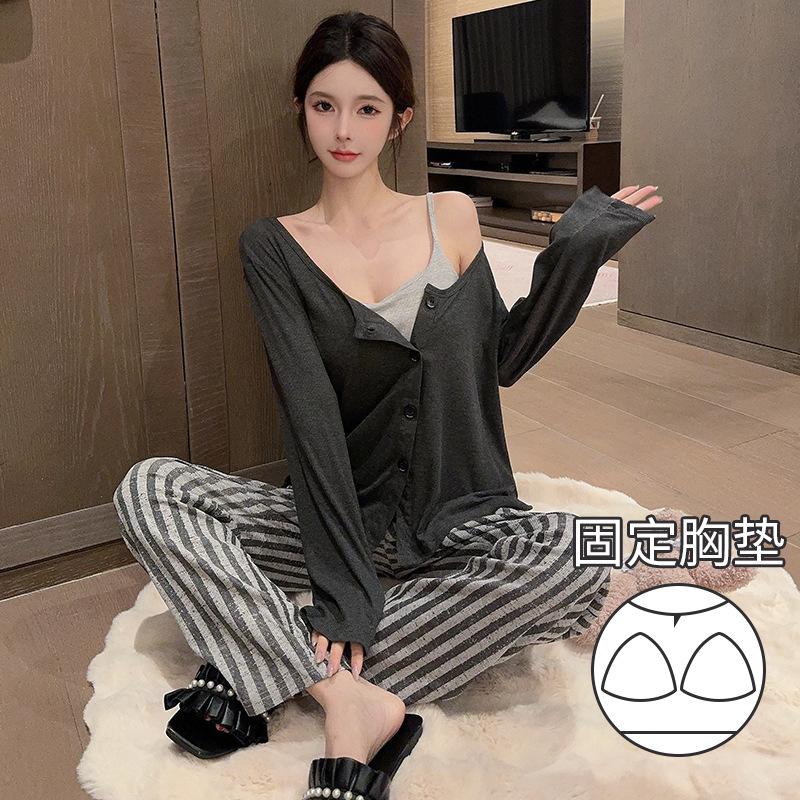 [D] Autumn new small strip Modal three-piece pajamas drape simple loungewear spot