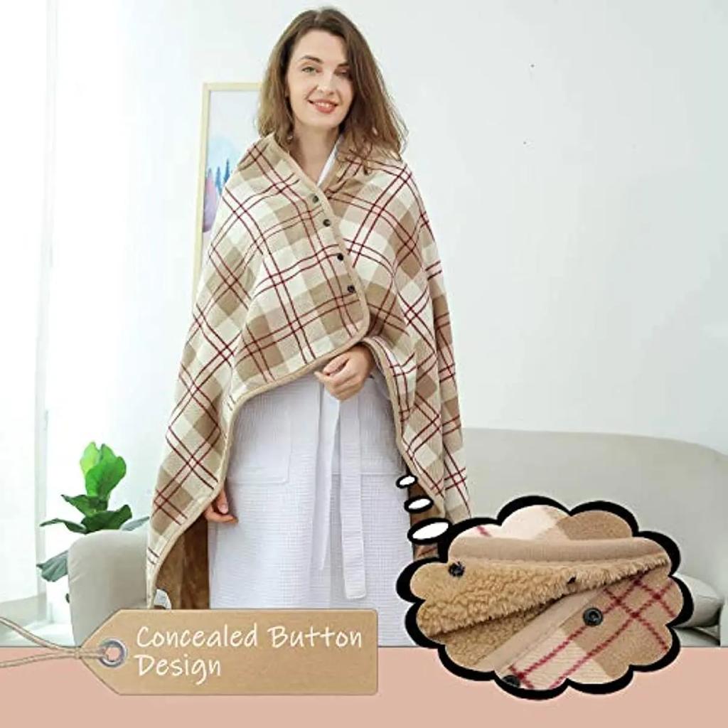 Fleece Wearable Blanket Warm Poncho Throw with Buttons Plush Sleeveless Blanket for Women Cape Wrap for Lightweight Plaid Design