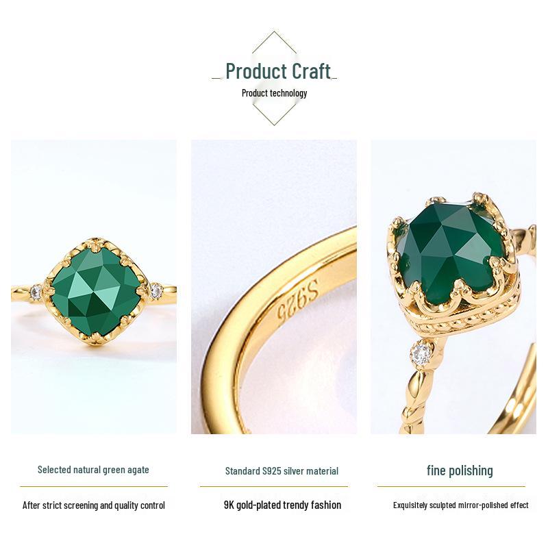2022 Japanese Retro Green Agate Lace Ring for Women, S925 Silver Muslim Design