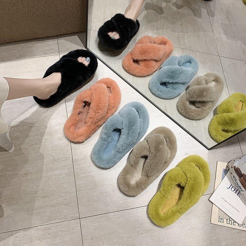 Crossed Plush Thermal Bathroom Casual slippers for Women Platform Anti-slippery Fur Lady Shoes