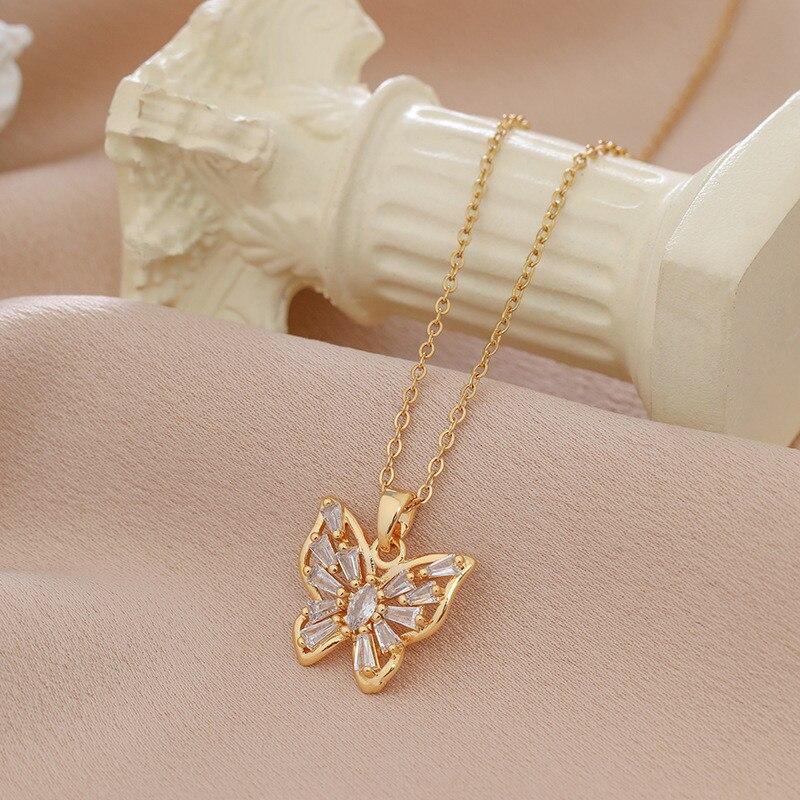 Fantastic Crystal Gold-Color Butterfly Necklace For Women Rhinestone Symmetrical Pendant Accessories Party Zircon Gifts