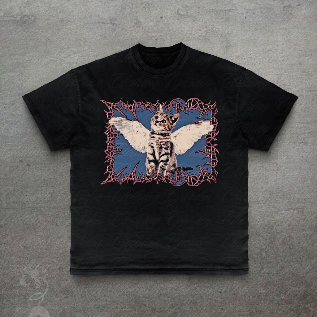Gothic Cat Graphic Tee, Gifts For Cat Lovers, Cotton Cute T-Shirt for Men Women, Cybersigilism Kitten Wing Shirt, Emo Alt Girl Cat Tshirt