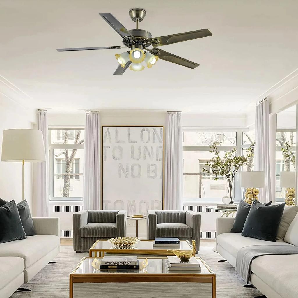 52 Inch Slim Ceiling Fan Light American Retro LED Ceiling Fan with Light for Bedroom Dining Room Living Room Large Household Fan
