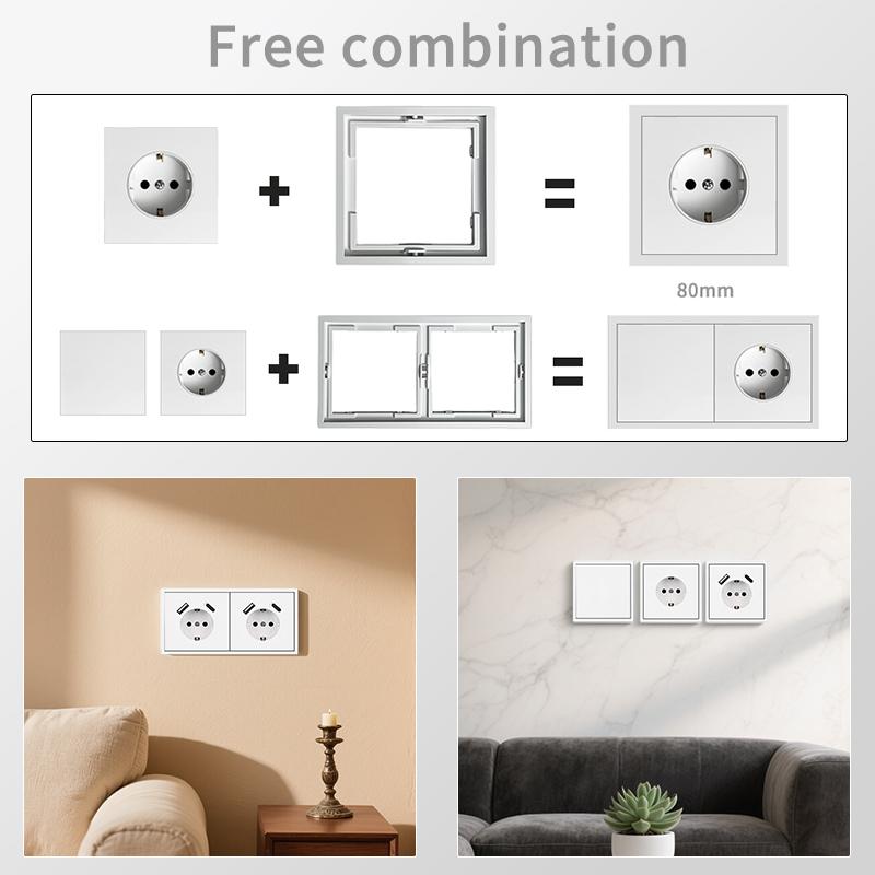Flush Mount EU Electrical Socket 16A 250V with USB Type-C Charging 1/2 Gang Switch, 80x80mm Golden Panel for European Standard