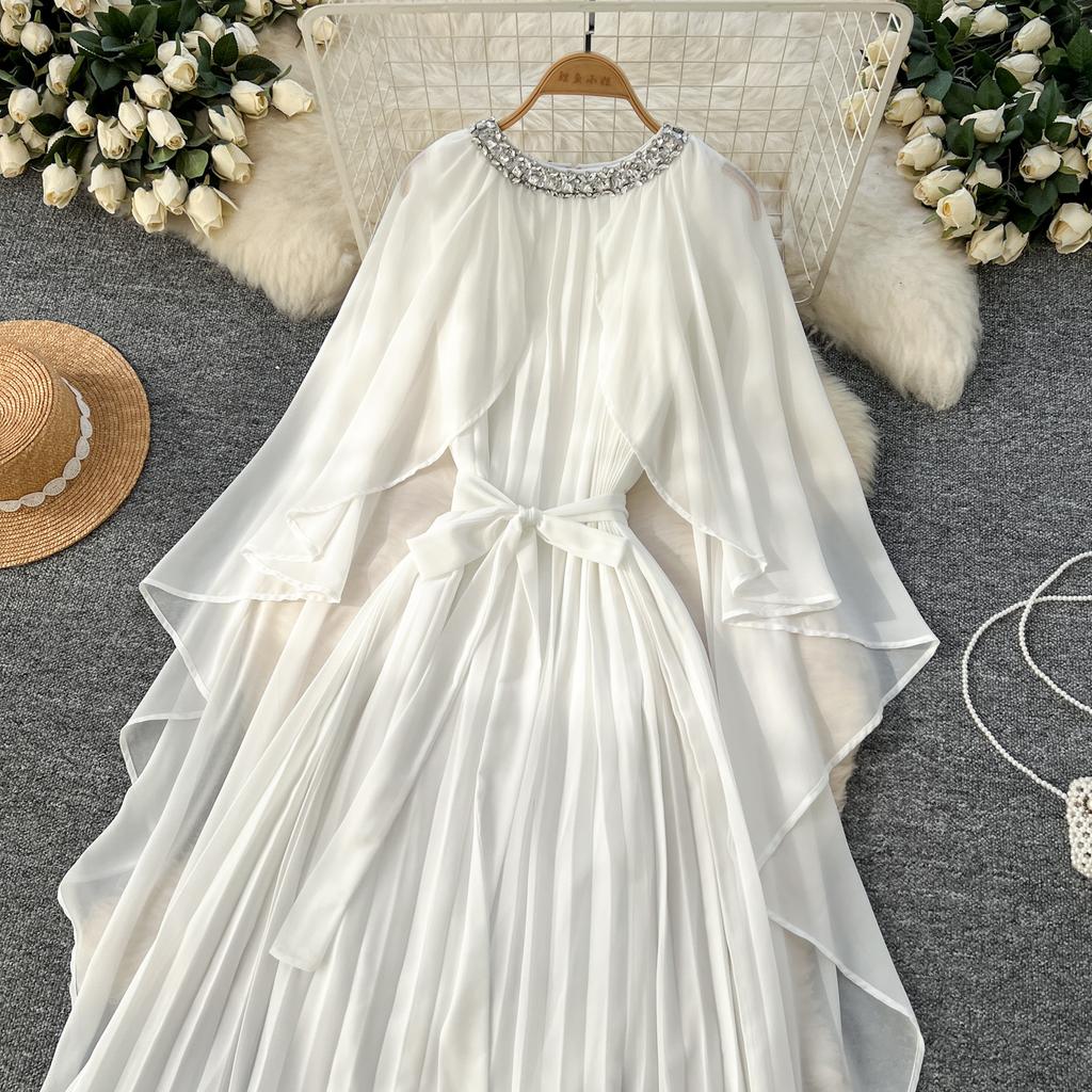 Elegante vestido largo plisado de gasa con cuello redondo, cordones y mangas estilo capa vintage para mujer, ropa de calle de moda