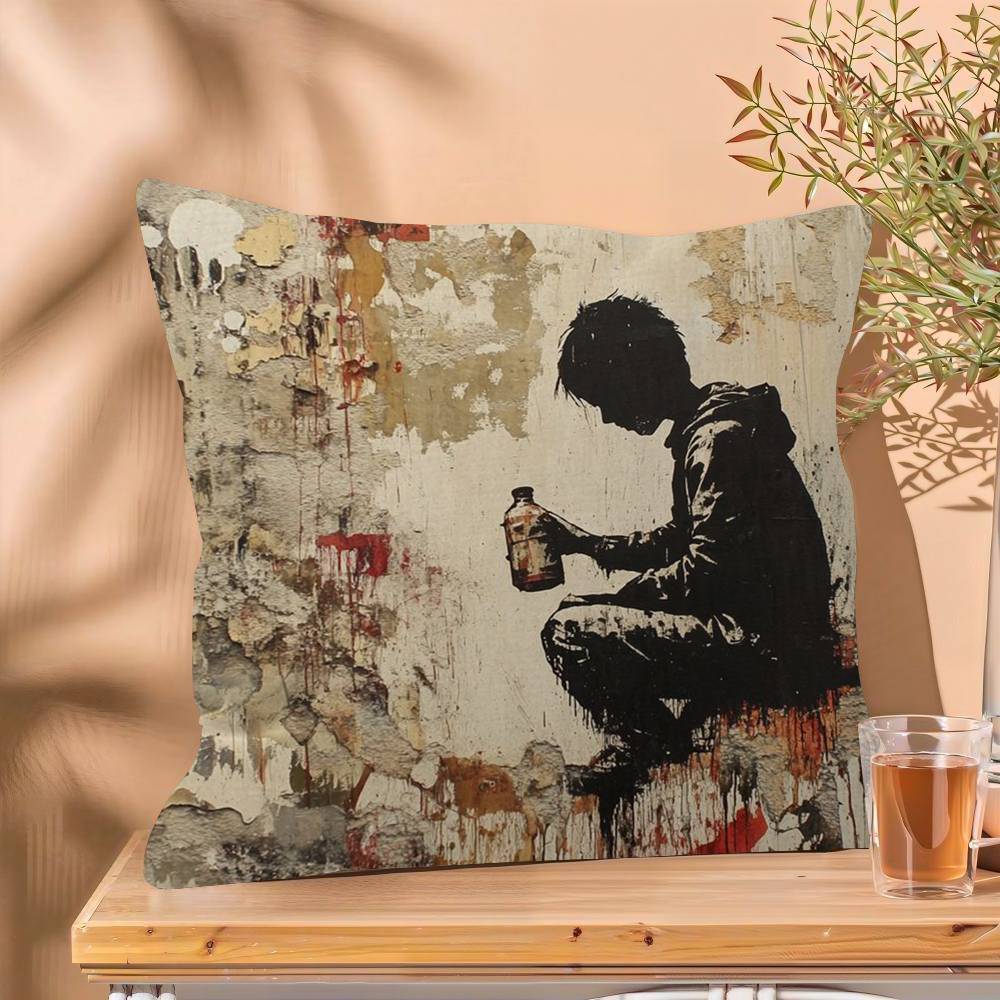 Banksy Street Graffiti Cushion Cover Inches Farmhouse Decor Home Throw Pillow Covers for Couch Decorations