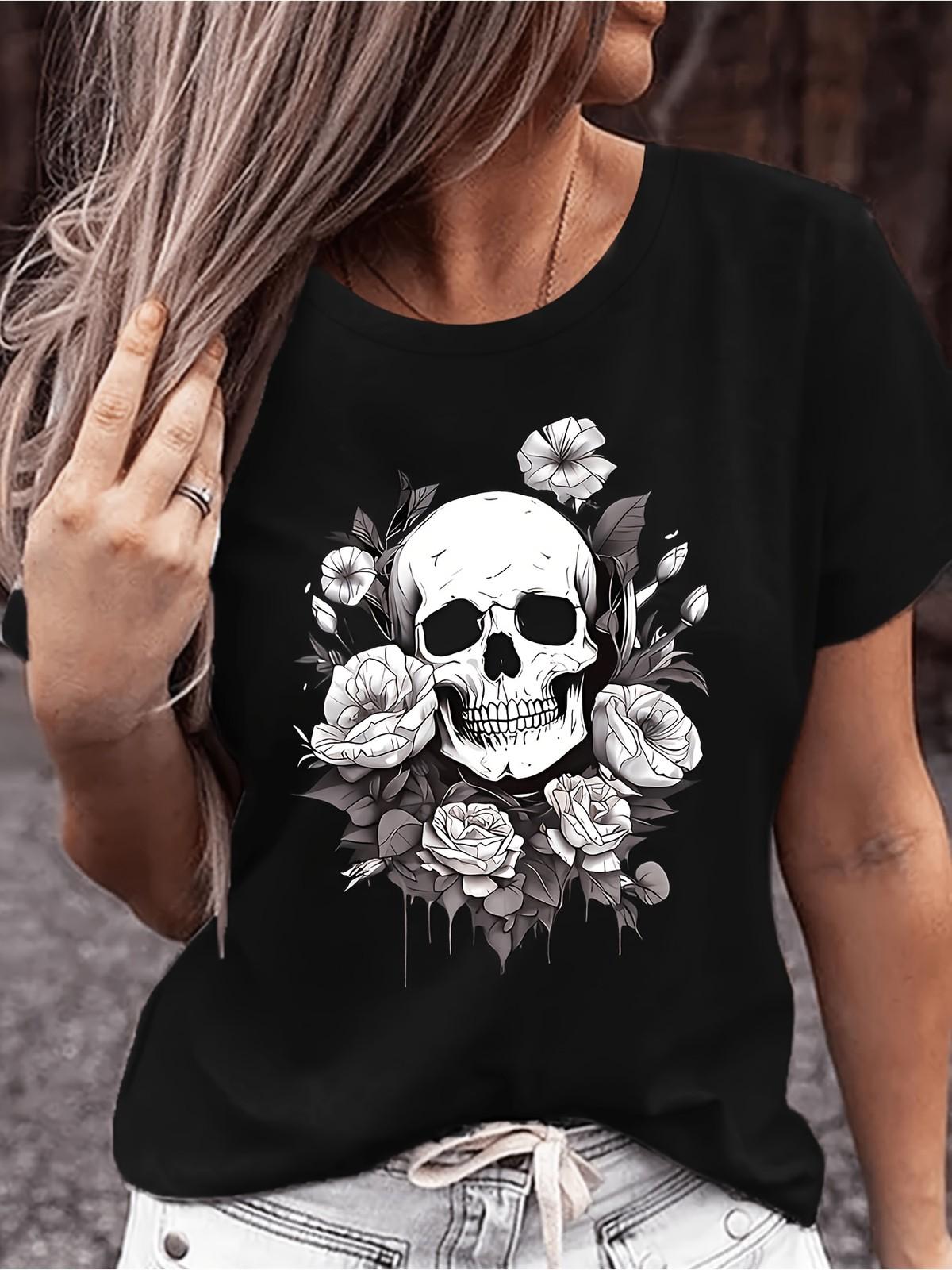 Gothic Skull and Floral Print TShirt, Cool Casual Short Sleeve Tee L