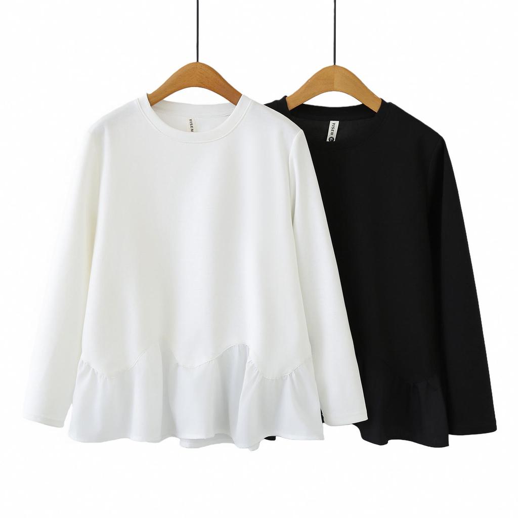 Women's Plus Size Ruffle Hem Long Sleeve Top - Spring 2026 Slimming Base Layer T-Shirt