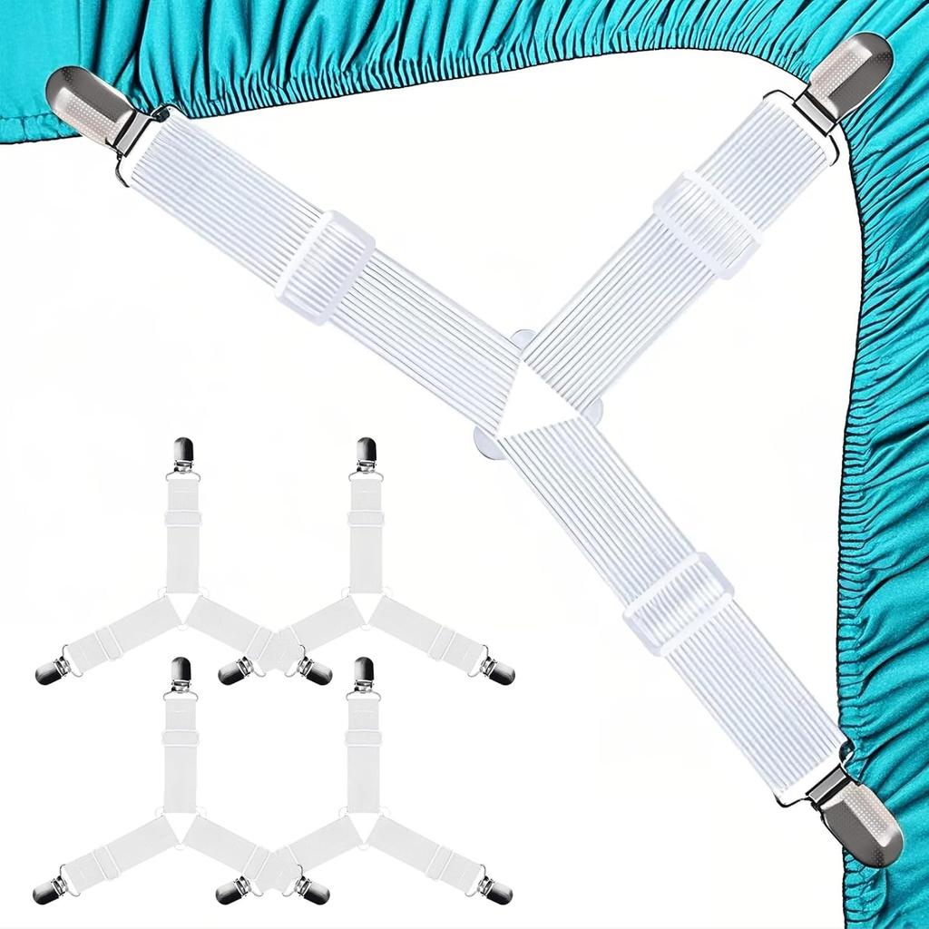 4 PCS Fitted Bed Sheet Straps - Elastic Suspenders with Metal Clips for Bed Sheets, Mattress Covers, Sofa Cushions - Adjustable Fasteners To Keep