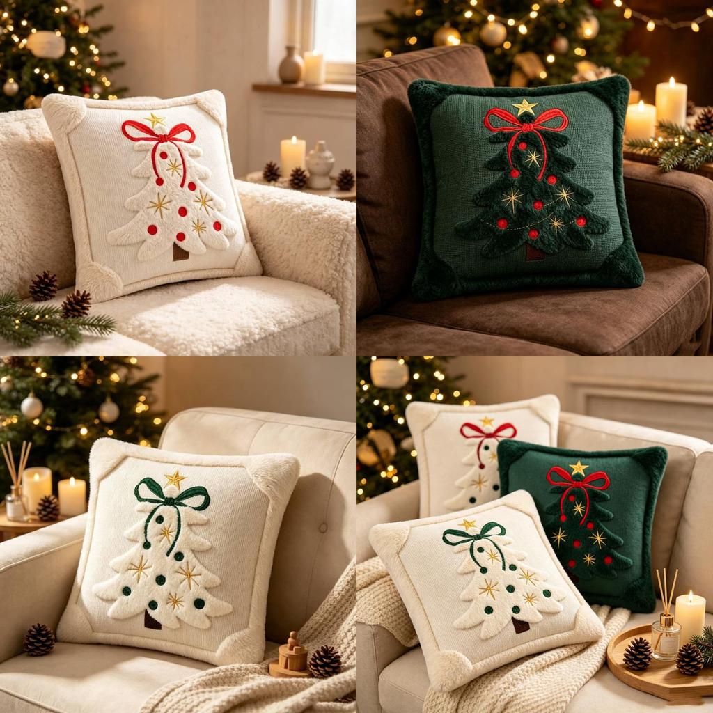 Christmas Tree Embroidered Pillow Cover With Bow Design For Home Decor