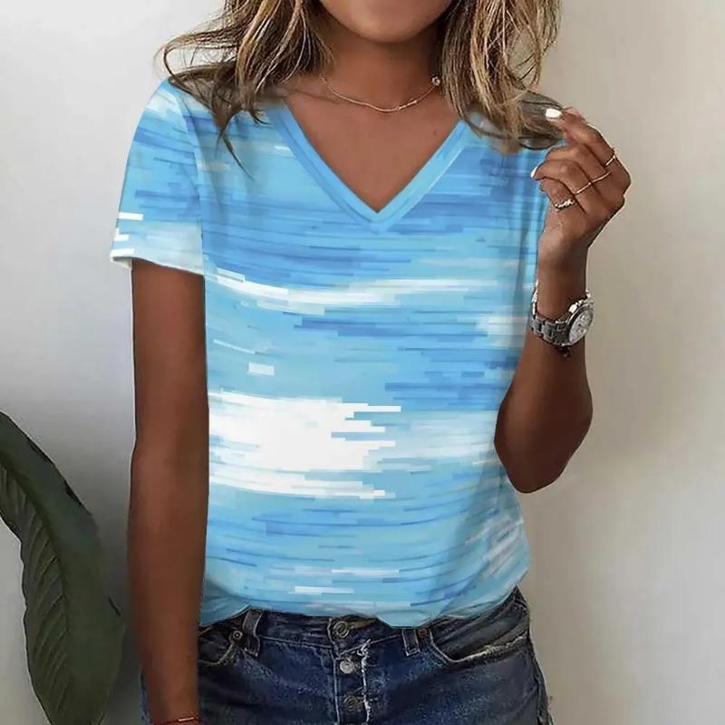 

Women s Summer Trend V-neck Short-sleeved New Fashion Contrasting Color Splicing Casual T-shirt S