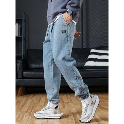 Erkek Jogger Jean Sokak Giyimi Siyah Mavi Günlük Kot Kargo Pantolon Esnek Daralan Jean Bol Pantolon