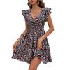 GRECIILOOKS Western Dress for Women| Floral Print Wrap V Neck Dress| Ruffle Sleeve Western Dress| Mini Summer Short Dres