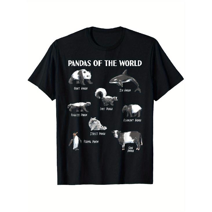 Pandas of the World Graphic T-Shirt - 100% Crew Neck Short Sleeve Tee with 8 Panda Species (Giant, Dwarf, Red, -Bellied, -Bellied, Brown, Sichuan,