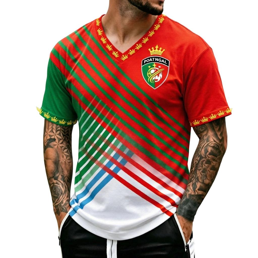 Men's V Neck Short Sleeve Shirt Soccer Print Fan Tee World Cup Sportswear Casual Top for Outdoor Activities and Daily Wear