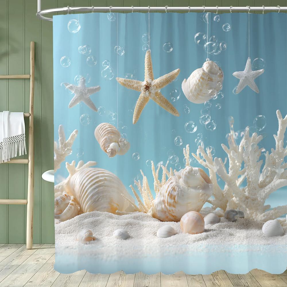 Seaside Beach Shell Scenery Printing Shower Curtain, Bathroom Decorative Shower Curtain, Waterproof Shower Curtain With Hooks