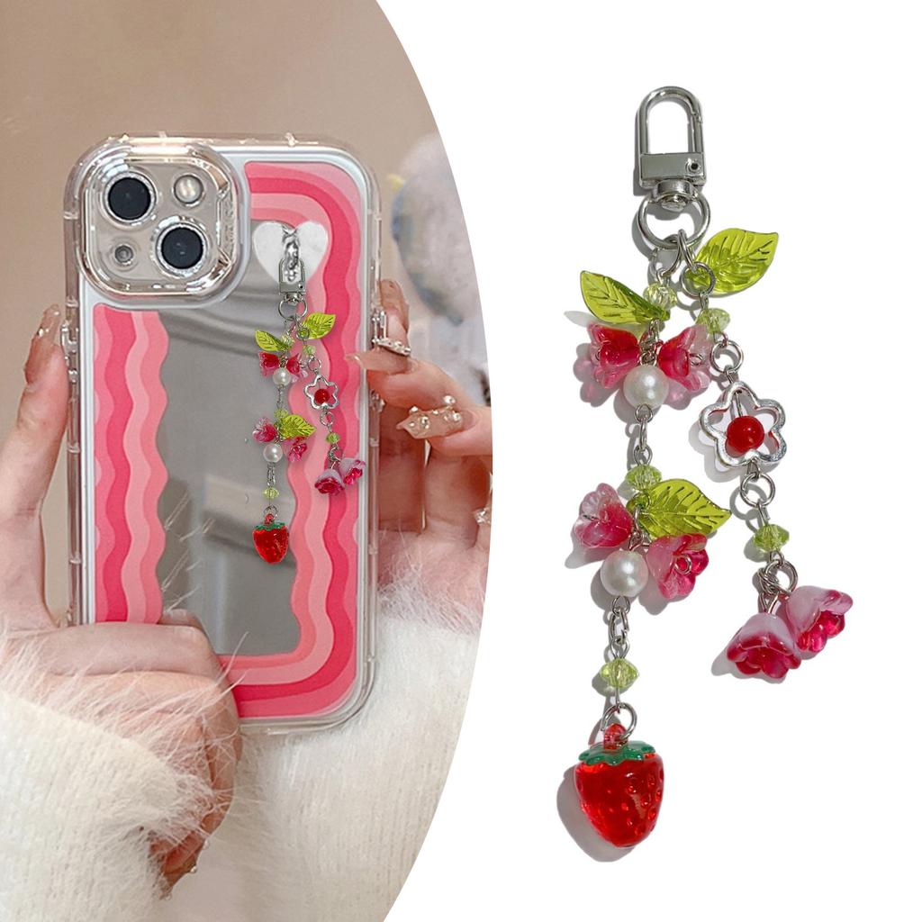 Delicate Strawberry Floral Design Keyring Lightweight Portable Bag Charm Decors Handmade Strawberry Flower Keyring