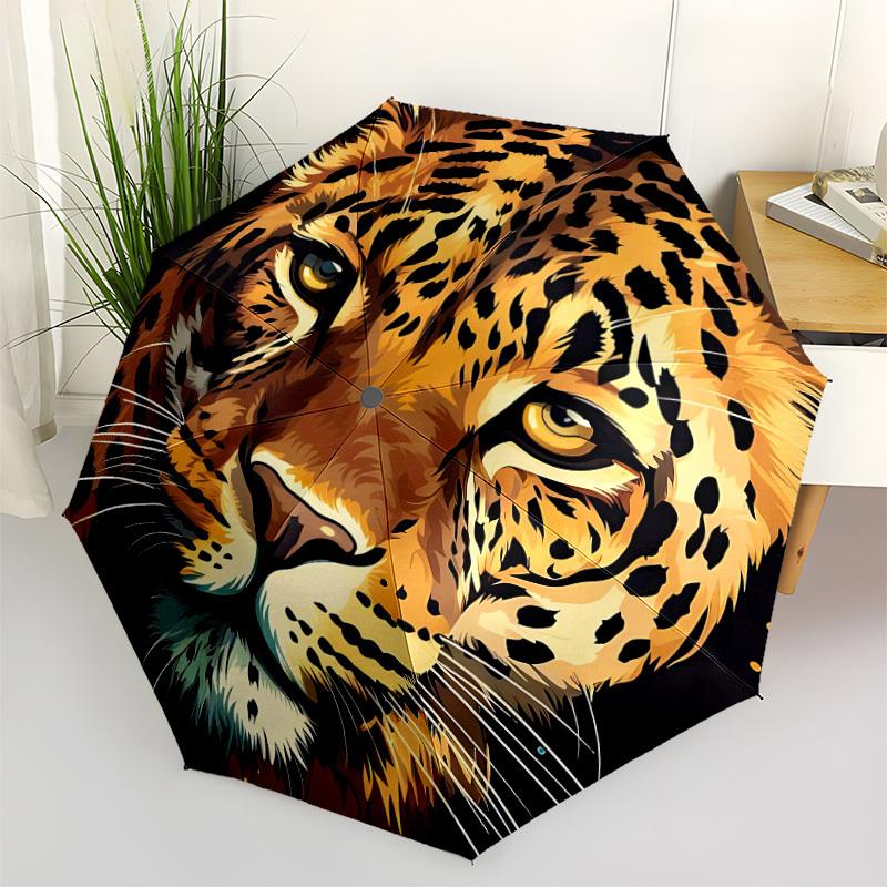 1pc Leopard Print Automatic Folding Umbrella - Compact 8-Rib Design, Durable Plastic & Iron, Lightweight for Outdoor Daily Use