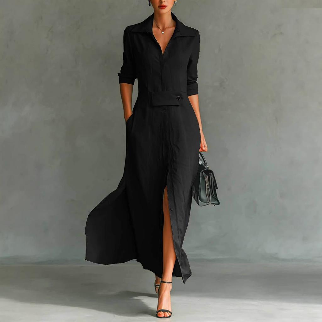 Women's Fashionable Color Lapel Long Sleeved Hem Slit Casual Shirt Dress