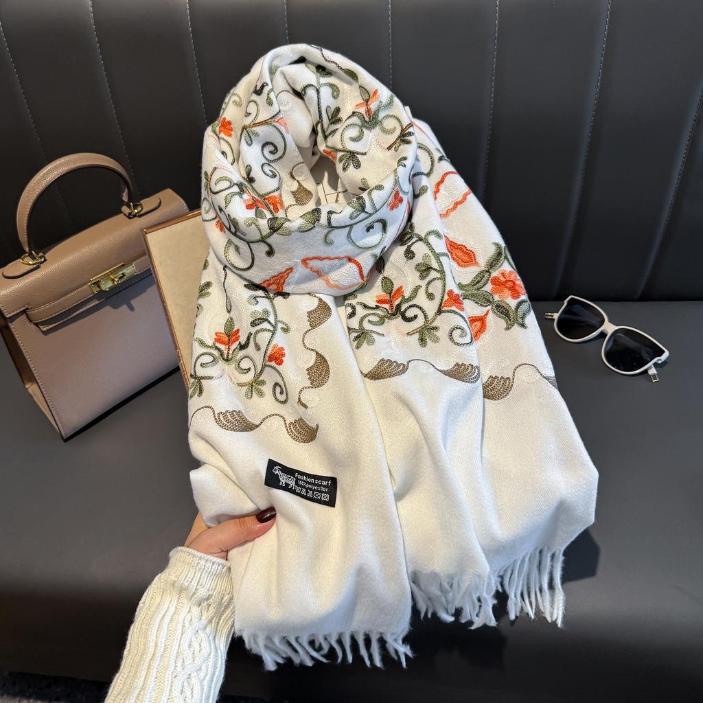 Women'S Luxury Winter Fashion Scarf Thick Travel Shawl Wrap Embroidered Flower Warm Neckerchief Poncho Pashmina Bufanda