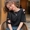 T-shirt évidé pour femme Coupe ample Col rond Décolleté Bardot Couleur unie T-shirts pour femme Été Décontracté Tendance Haut pour femme