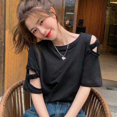 Women's Hollowed Out T-shirt Loose Round Neck Off Shoulder Solid Color Ladies T-shirts Summer Casual Fashionable Famale Top
