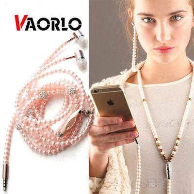 VAORLO Perlenkette Kopfhörer In-Ear Rosa Strass Halskette Schmuck Perlen Kopfhörer mit Mikrofon für Samsung Xiaomi Mädchen Geschenke