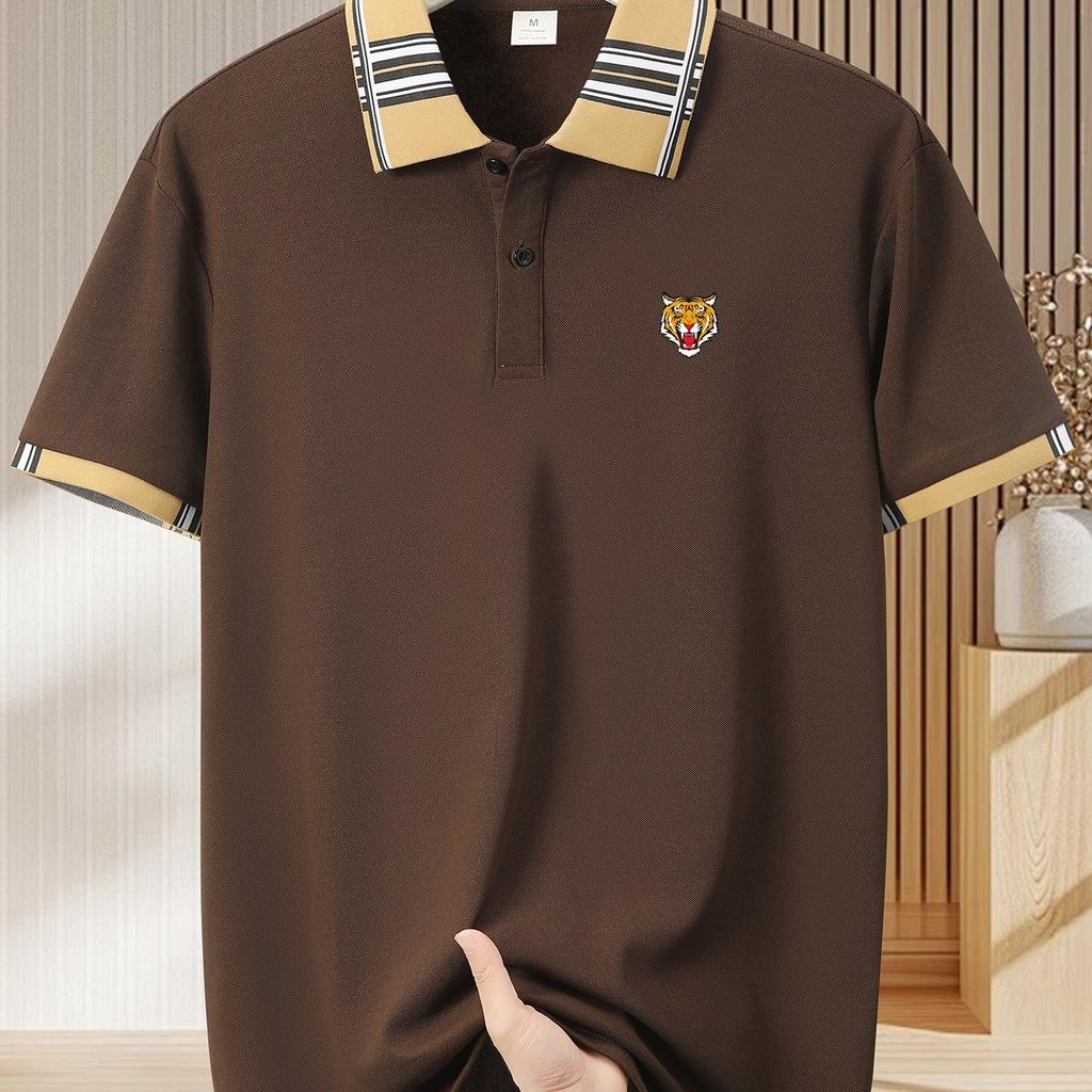 Herren Outdoor Golf T-Shirt mit Tigerkopf-Print, Einfaches Modehemd, Business Casual mit atmungsaktivem Kurzarm-Umlegekragen Outfit