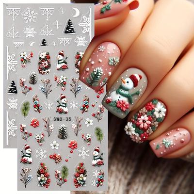 2pcs Christmas Nail Art Stickers - 3D Snowman, Tree & Floral Designs | Matte Finish, Self-Adhesive Decals for Festive Manicures