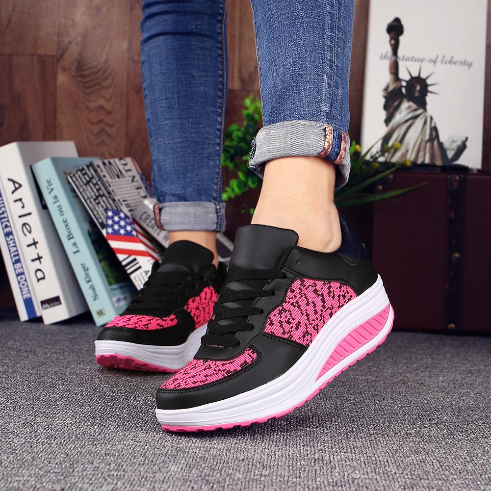 Fashion PU Leather Women's Platform Shoes Non-slip Rocker Shoes Walking Running Sports Shoes Wedge Heels