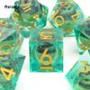 7 Pcs Green Flowing Sand Golden Number Sharp Edge Resin Dice Polyhedral Dice Suitable for Role-Playing RPG Board Game