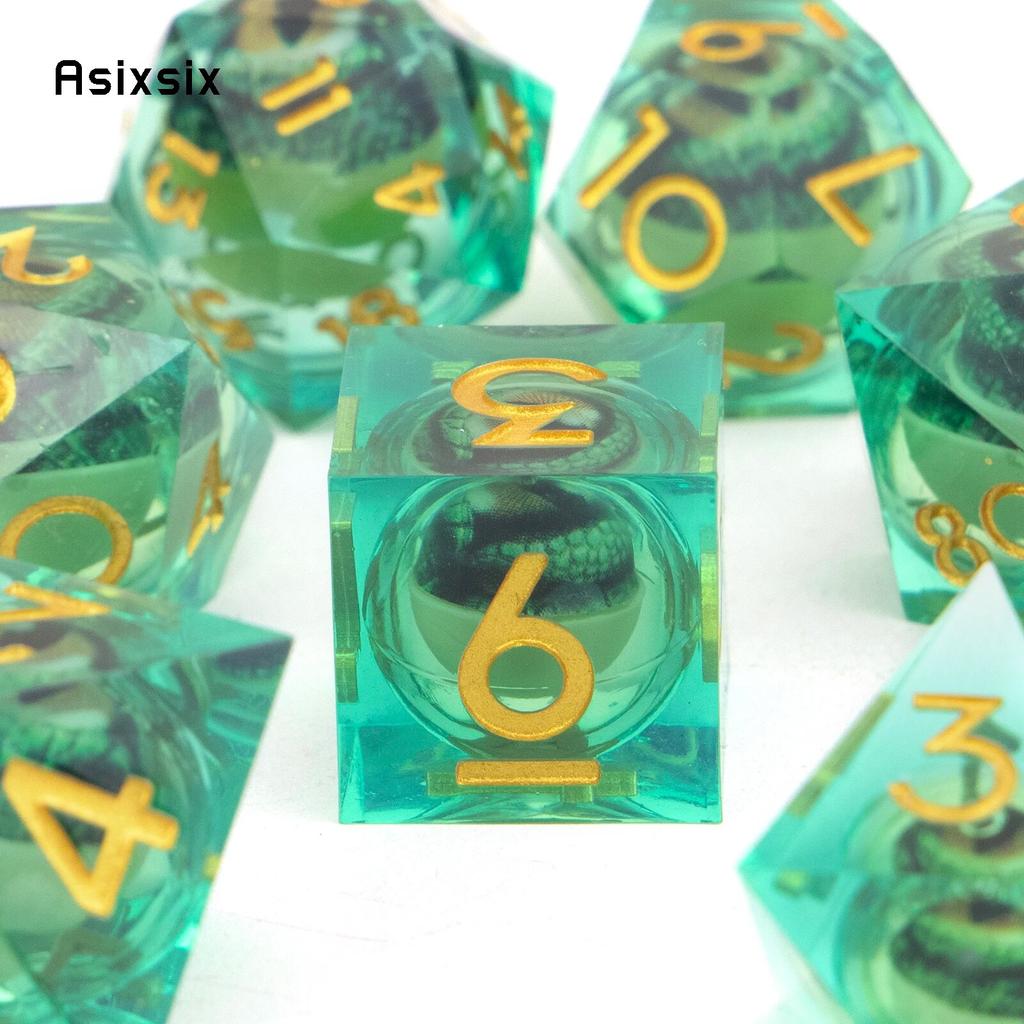 7 Pcs Green Flowing Sand Golden Number Sharp Edge Resin Dice Polyhedral Dice Suitable for Role-Playing RPG Board Game