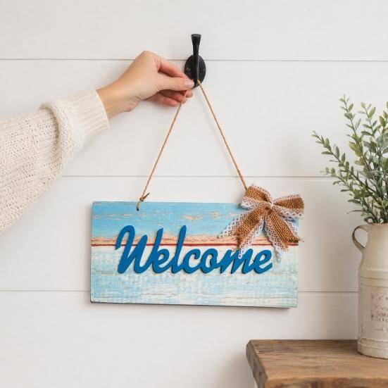 Yangyizhi Welcome Decorative Sign, Wooden Mediterranean Retro Style Wall Mounted Door Sign for Indoor Outdoor Use